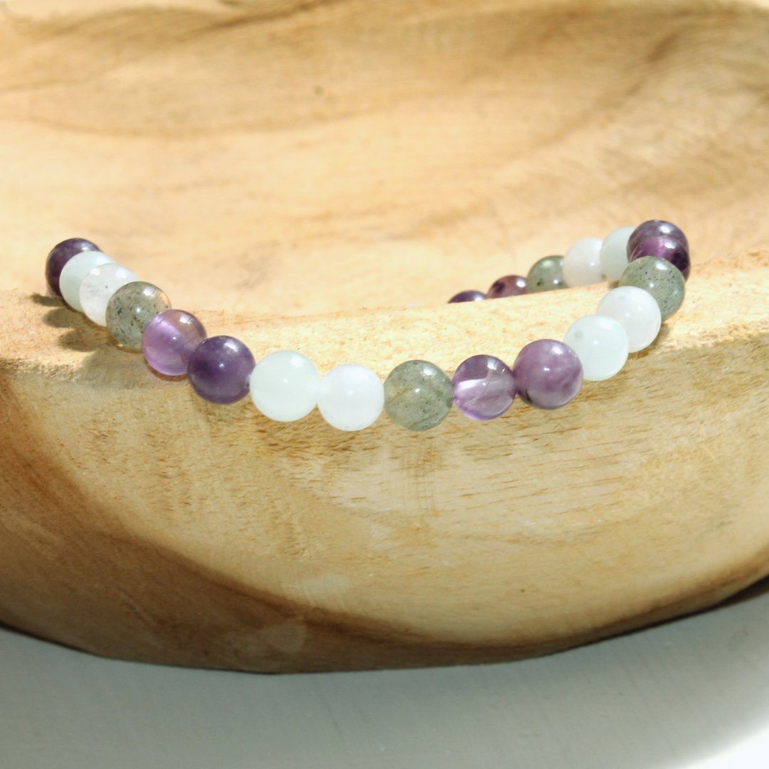 BRACELET 5 FORCES - pierre de lune, labradorite, améthyste & lépidolite