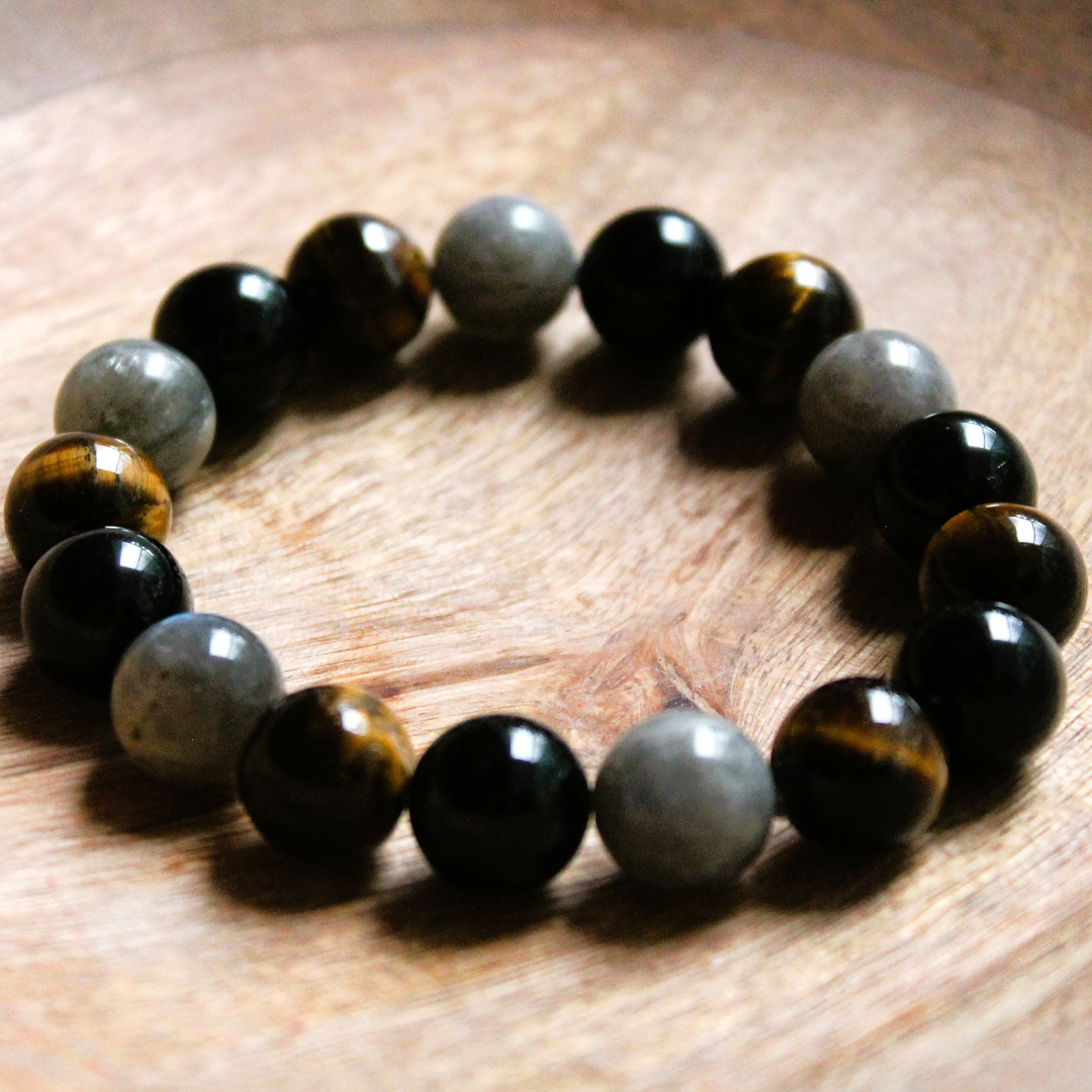BRACELET en ŒIL de TIGRE, TOURMALINE & LABRADORITE - pour homme