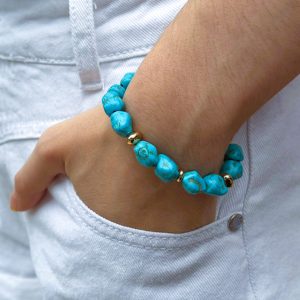 BRACELET MINCEUR EN HAWLITE bleue et perles dorées